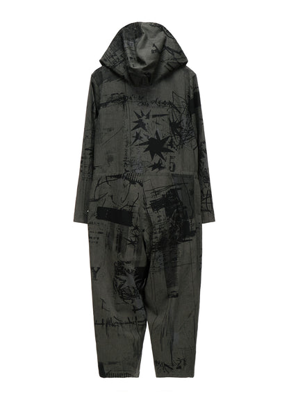 HERRINGBONE GRAFFITI PRINT HOODED OVERALL