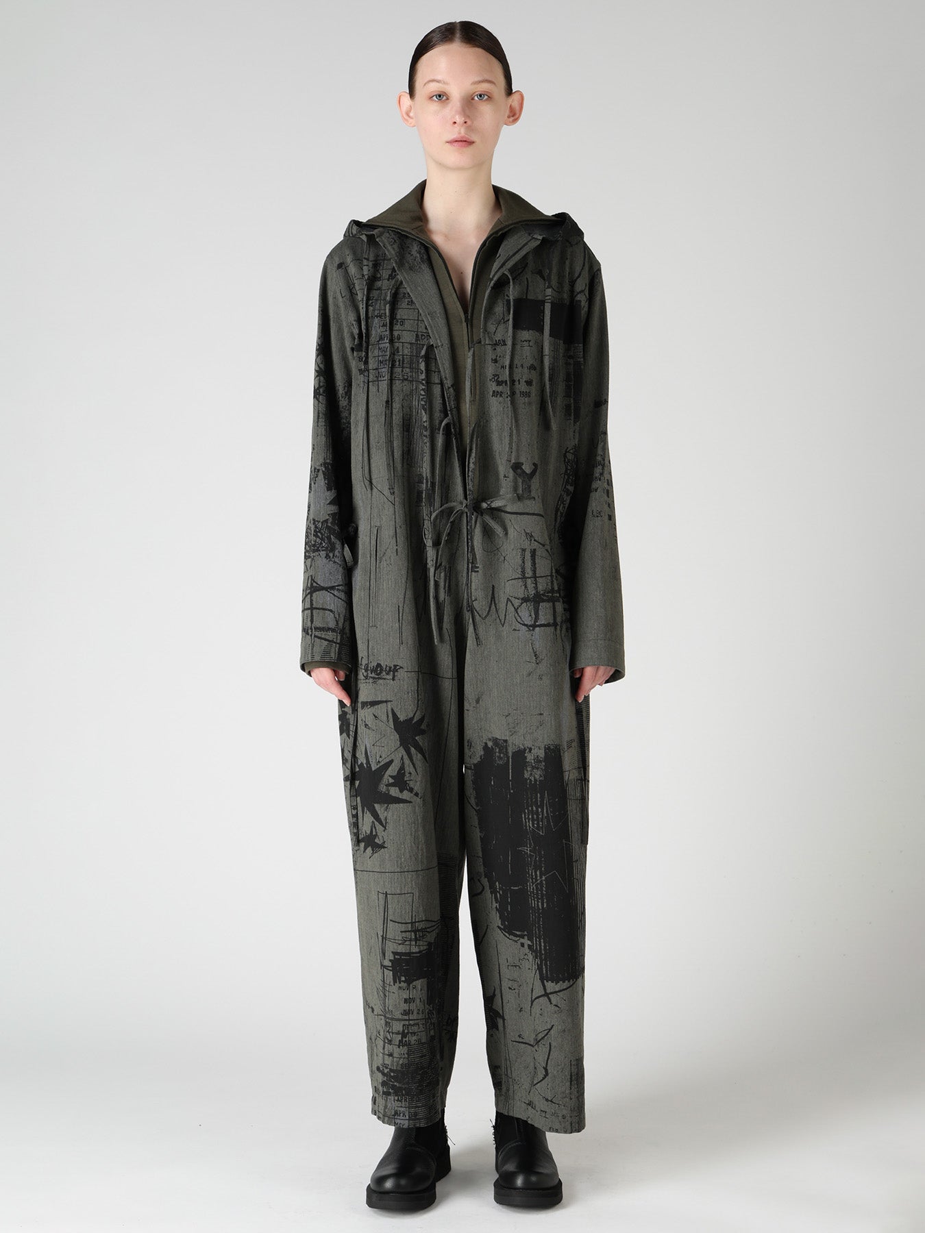 HERRINGBONE GRAFFITI PRINT HOODED OVERALL