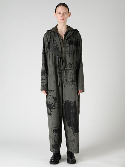 HERRINGBONE GRAFFITI PRINT HOODED OVERALL