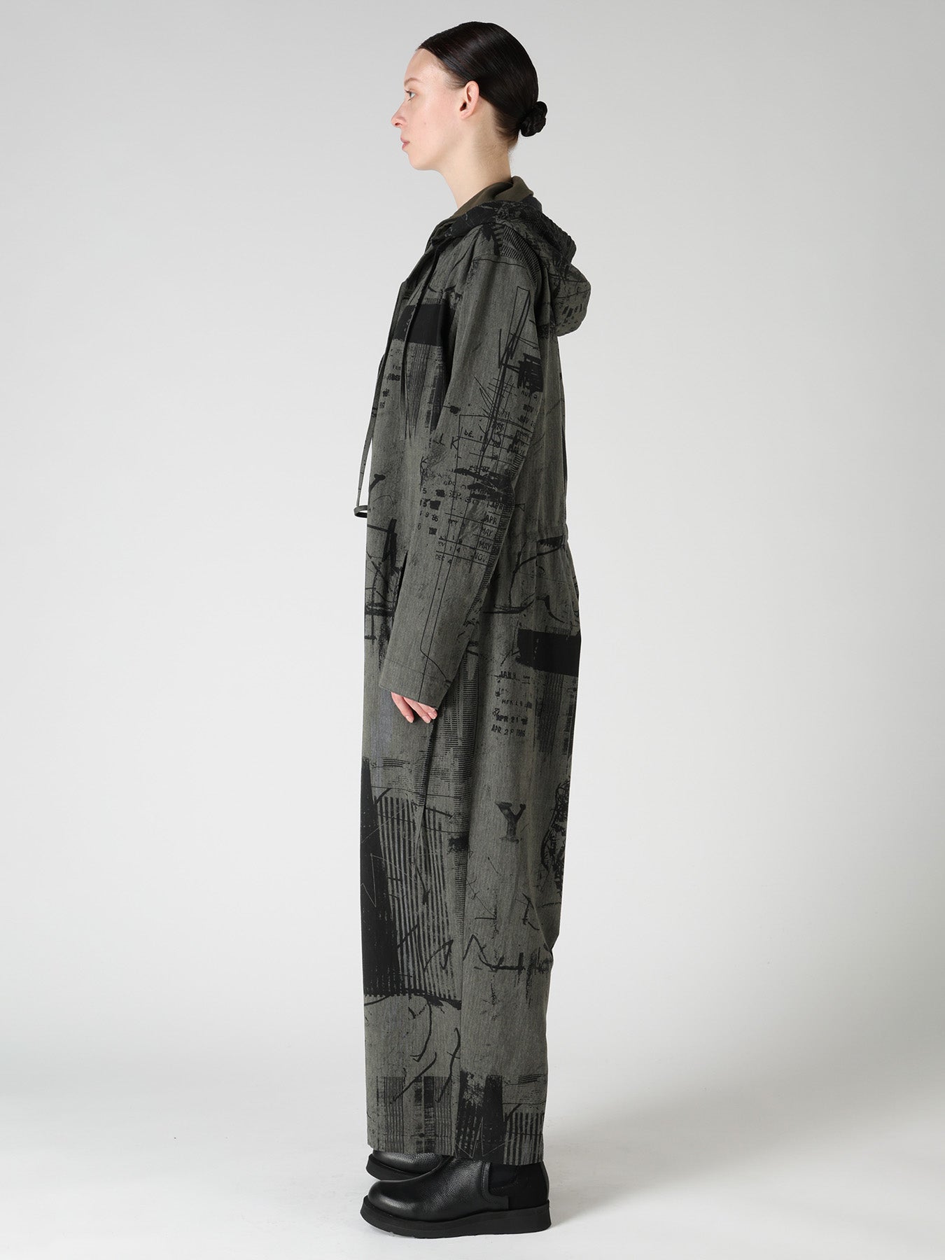 HERRINGBONE GRAFFITI PRINT HOODED OVERALL