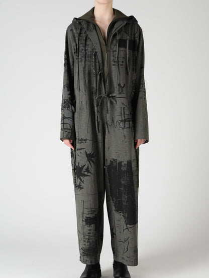 HERRINGBONE GRAFFITI PRINT HOODED OVERALL