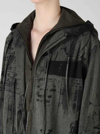 HERRINGBONE GRAFFITI PRINT HOODED OVERALL