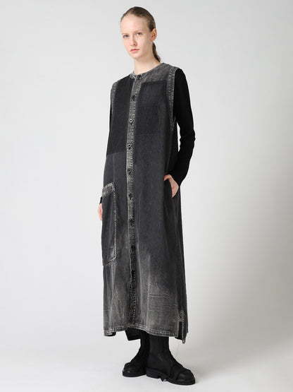 SPOTTED DENIM PATCH POCKET LONG DRESS