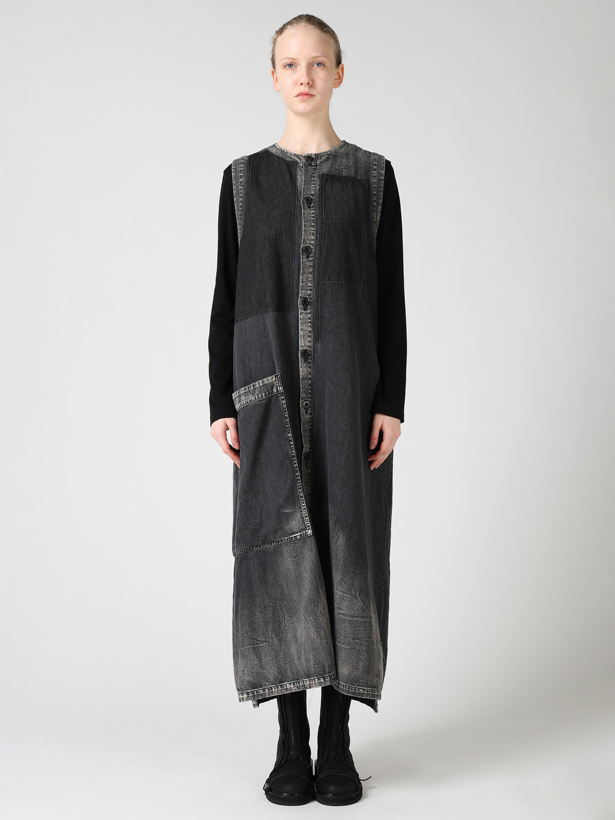 SPOTTED DENIM PATCH POCKET LONG DRESS