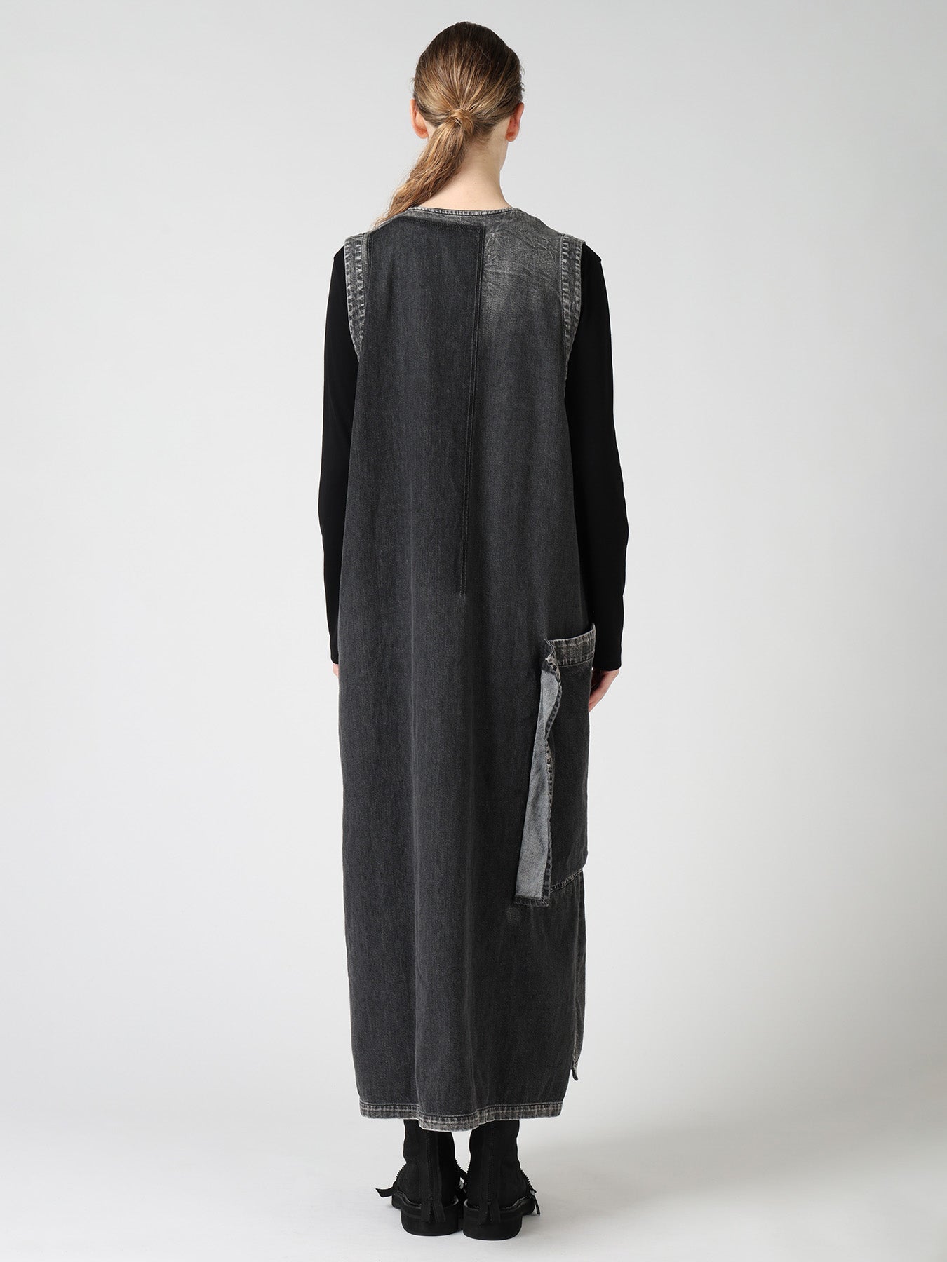 SPOTTED DENIM PATCH POCKET LONG DRESS