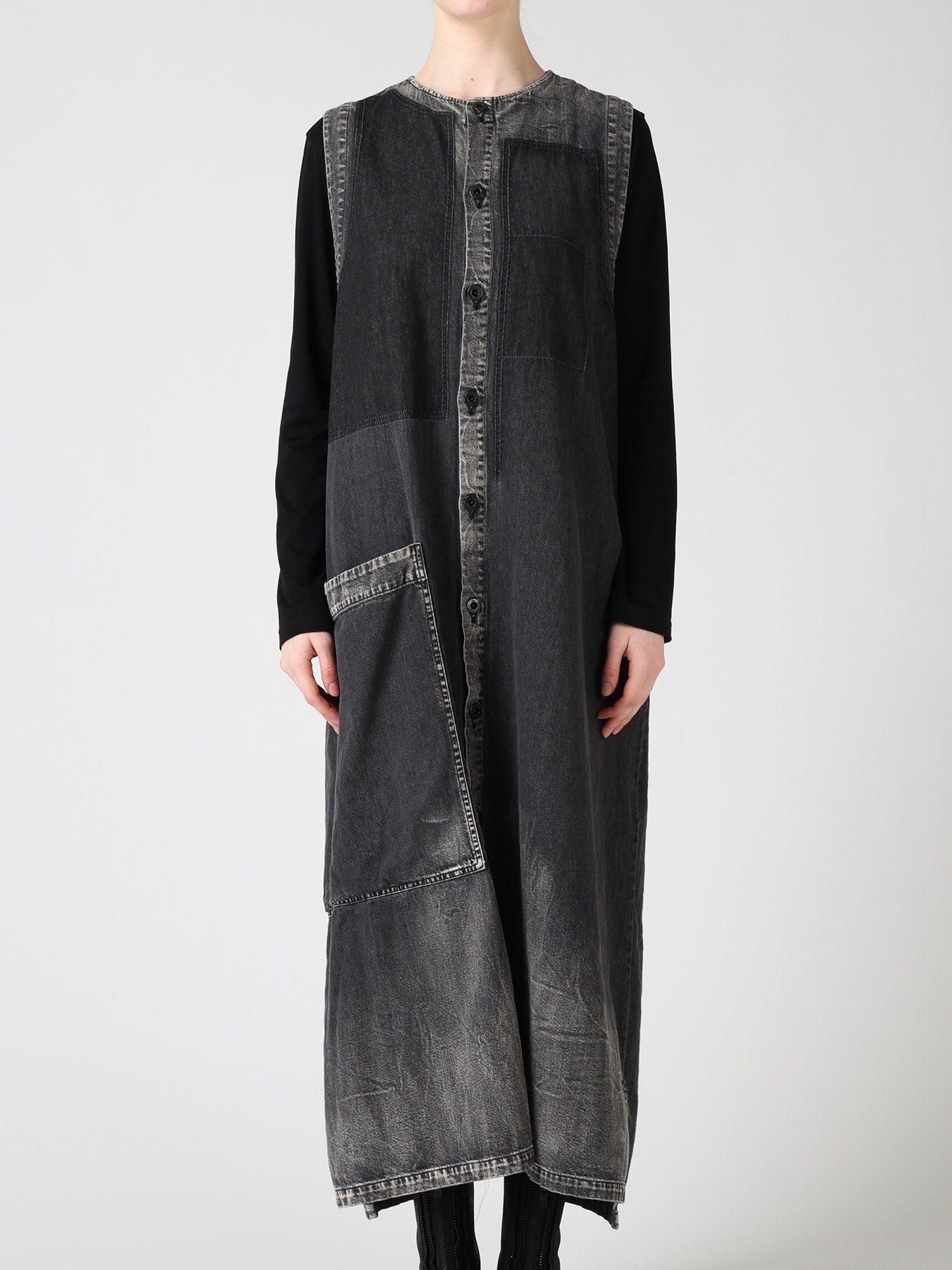 SPOTTED DENIM PATCH POCKET LONG DRESS