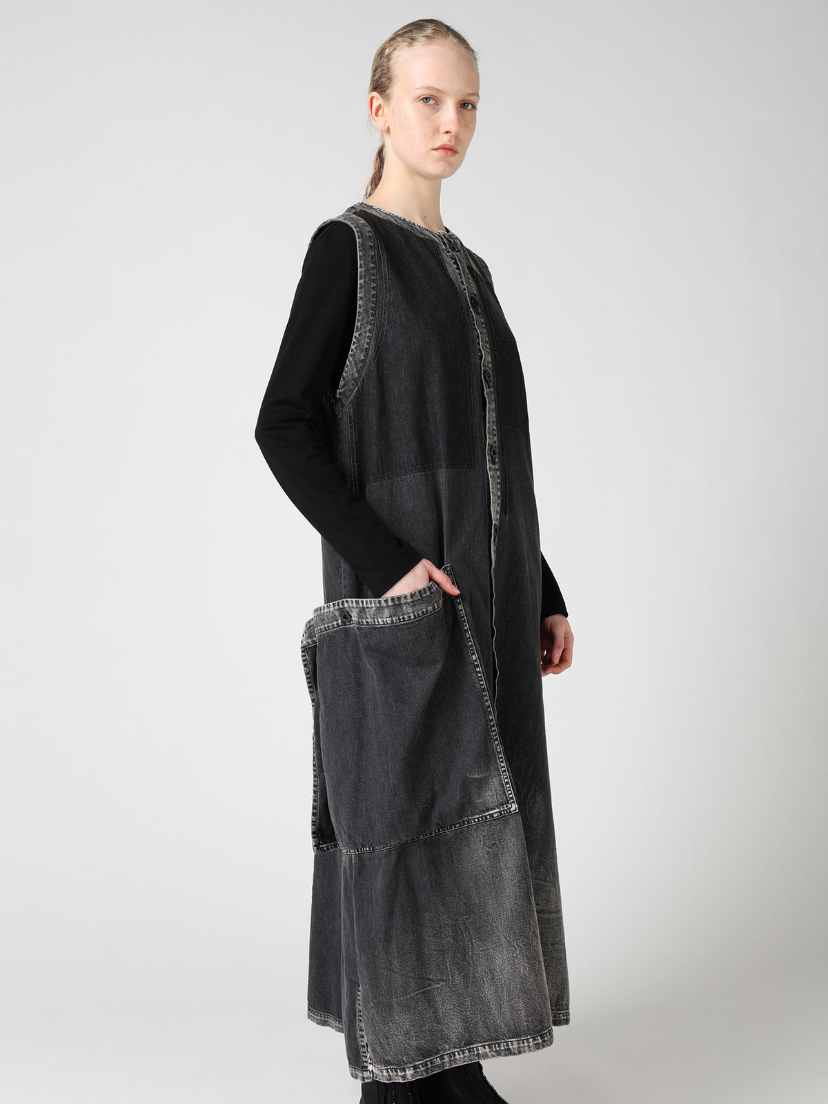 SPOTTED DENIM PATCH POCKET LONG DRESS
