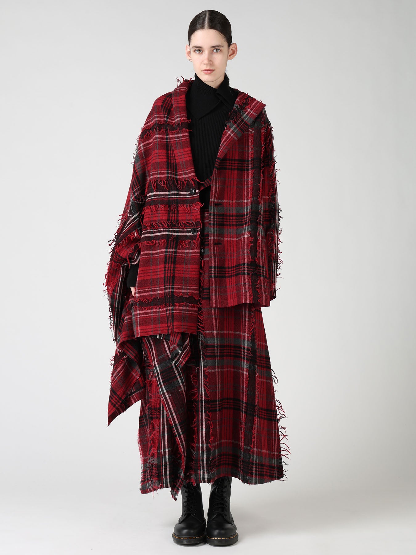 WOOL PLAID CUT JACQUARD CAPE JACKET