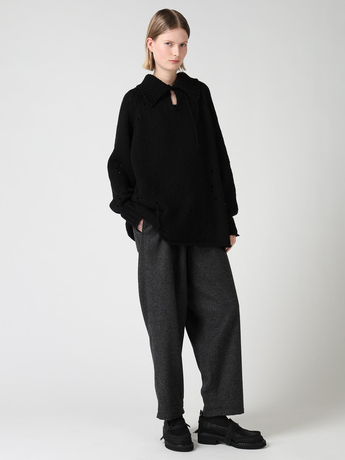 SLUB JERSEY EYELET SKIPPER-COLLAR PULLOVER