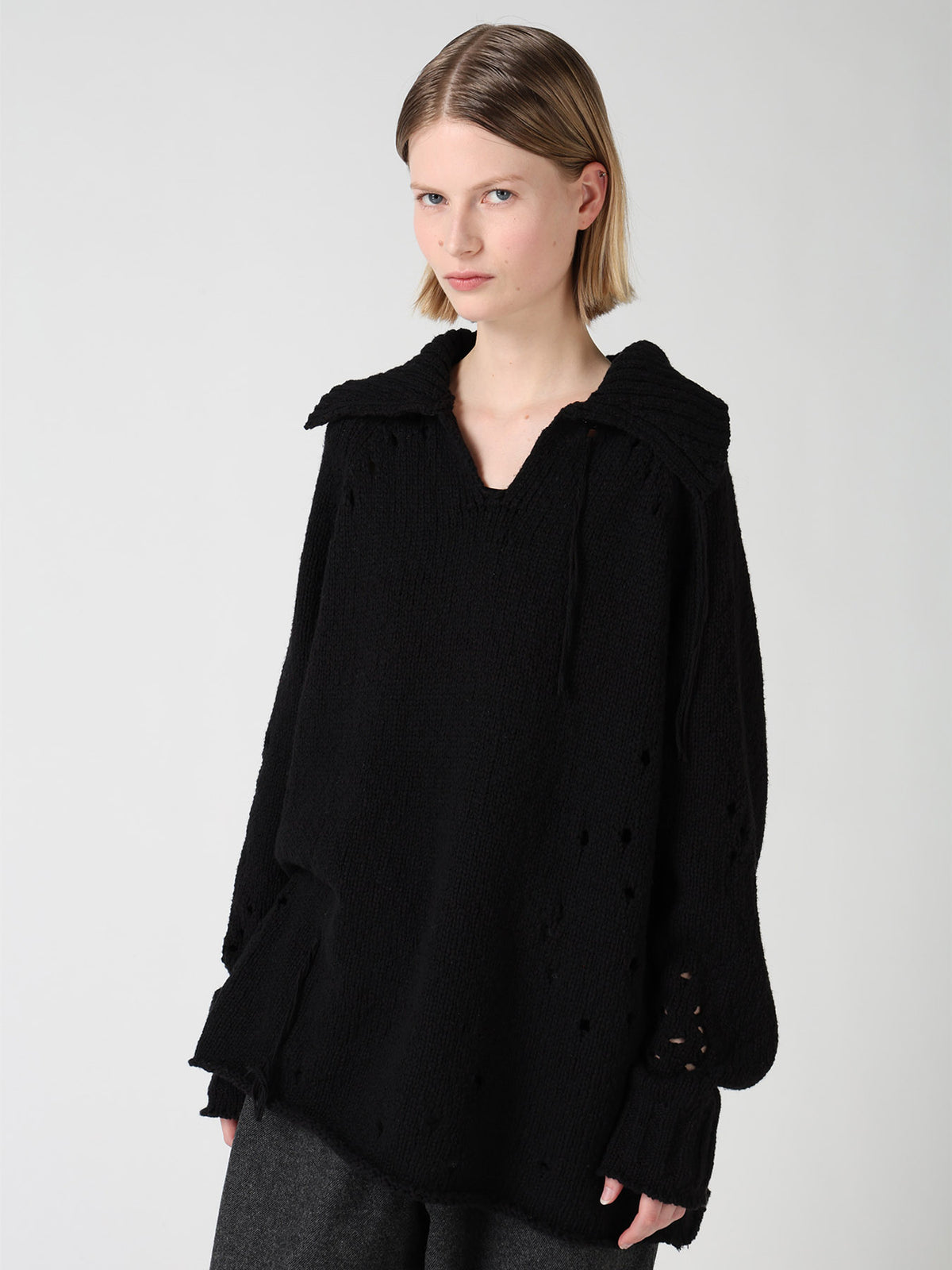 SLUB JERSEY EYELET SKIPPER-COLLAR PULLOVER