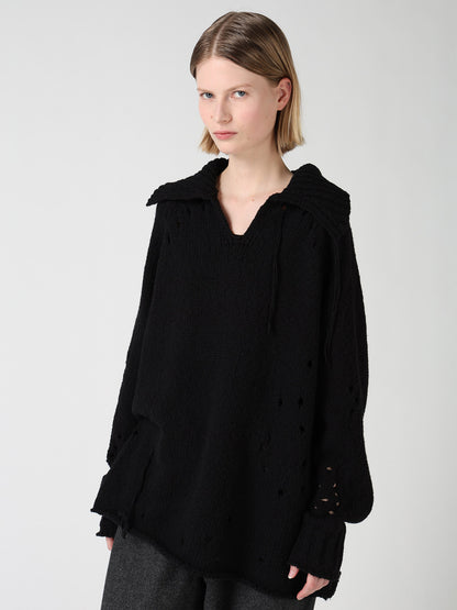 SLUB JERSEY EYELET SKIPPER-COLLAR PULLOVER