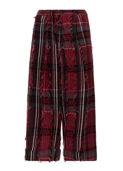 WOOL PLAID CUT JACQUARD FRONT TUCK TURN-UP PANTS