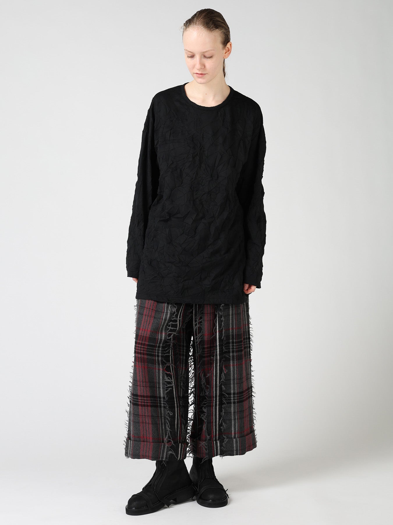 WOOL PLAID CUT JACQUARD FRONT TUCK TURN-UP PANTS – THE SHOP YOHJI