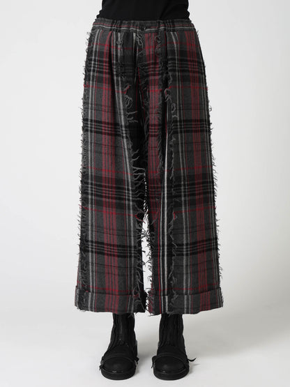 WOOL PLAID CUT JACQUARD FRONT TUCK TURN-UP PANTS