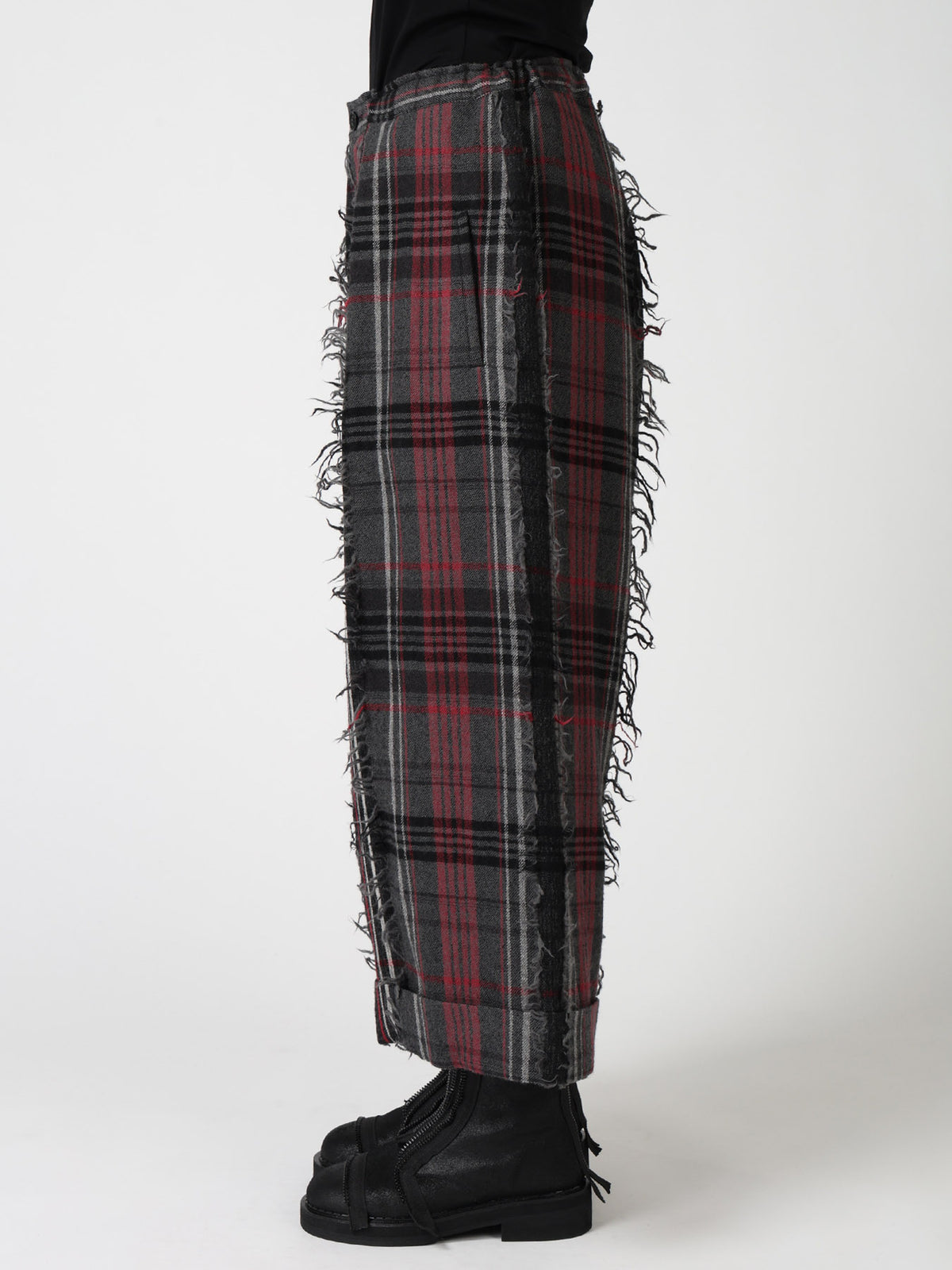 WOOL PLAID CUT JACQUARD FRONT TUCK TURN-UP PANTS