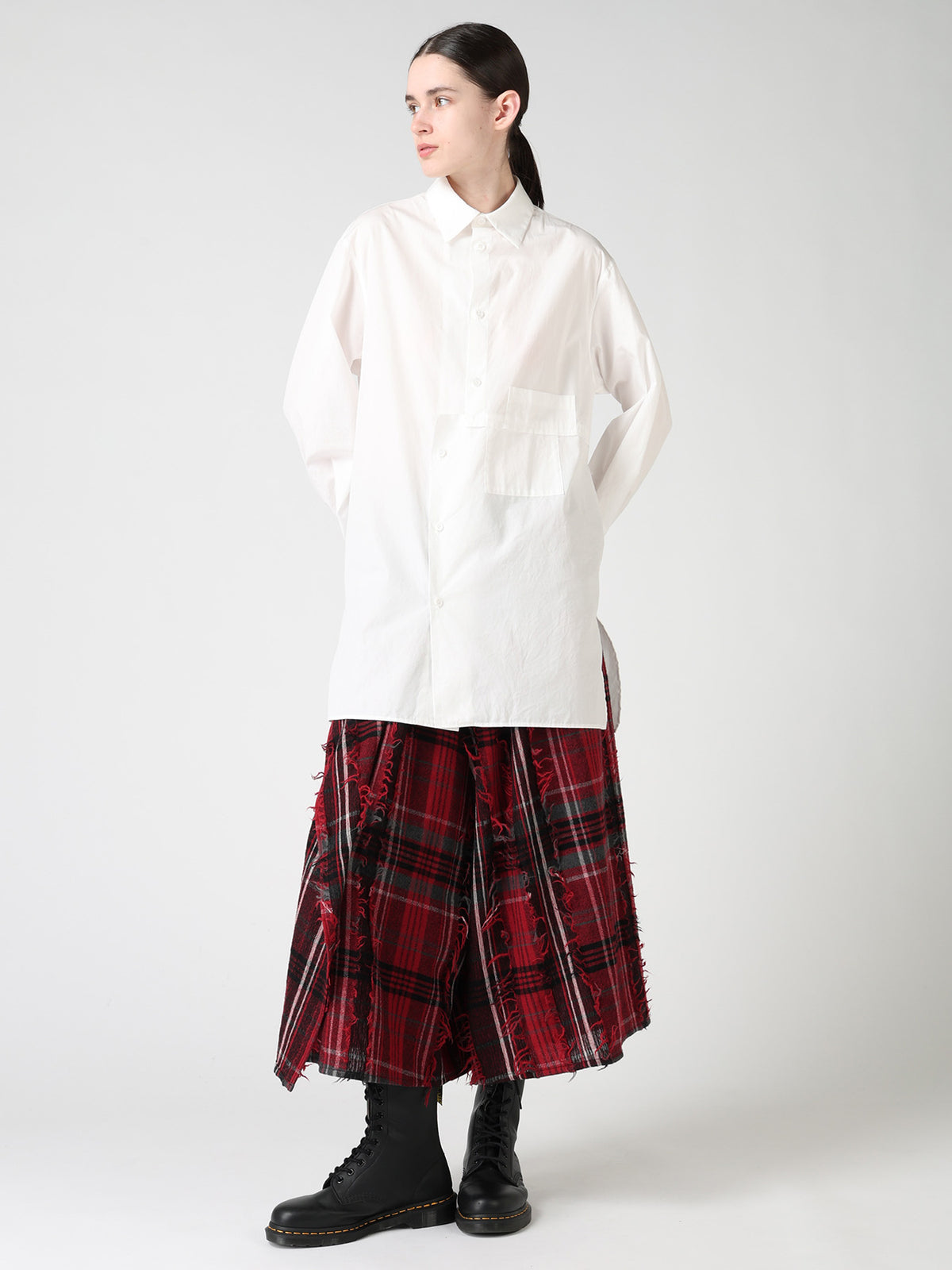 WOOL PLAID CUT JACQUARD DRAPE FLARE PANTS