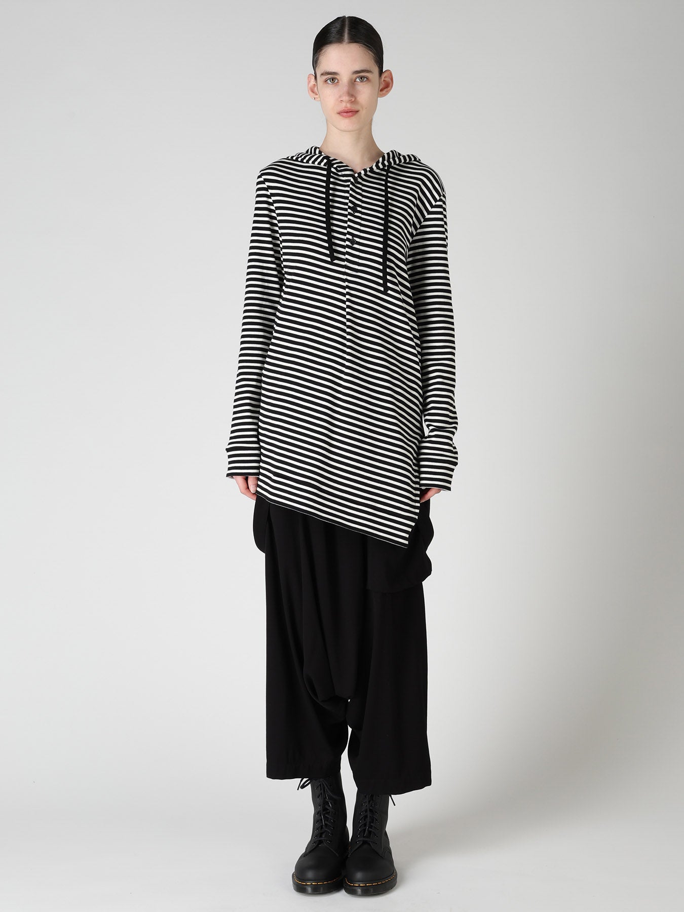STRIPE RIB HOODED LONG SLEEVE T-SHIRT