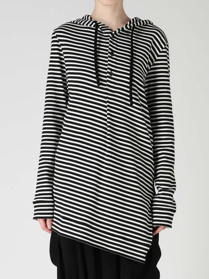 STRIPE RIB HOODED LONG SLEEVE T-SHIRT