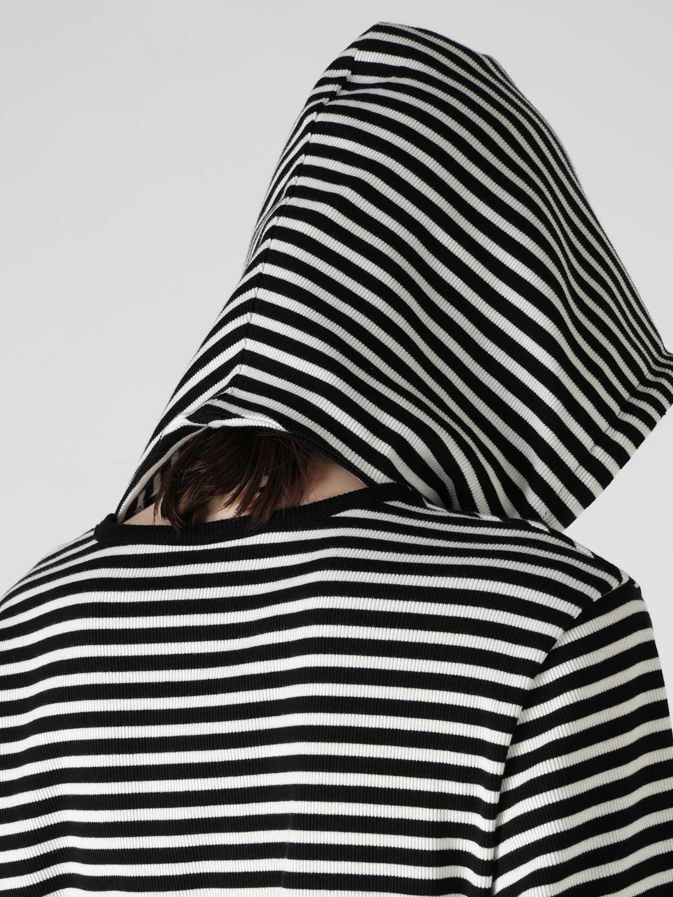 STRIPE RIB HOODED LONG SLEEVE T-SHIRT