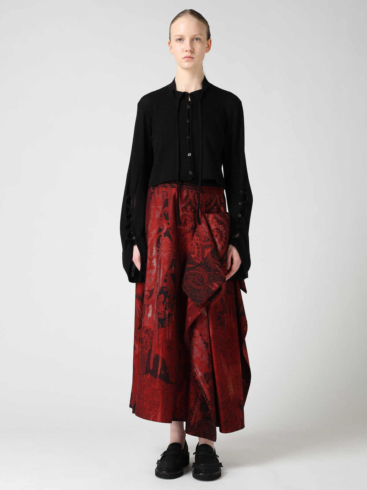 WOOL/SILK CREPE DRAPE SLEEVE CARDIGAN