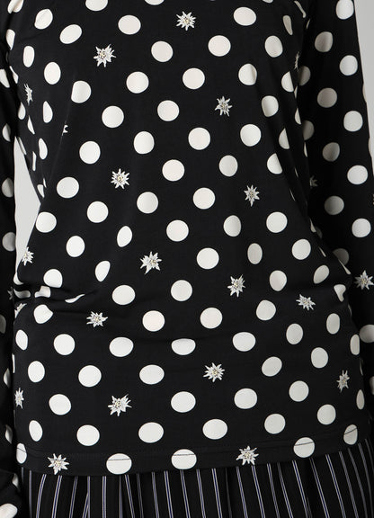 DOT FLOWER PRINT JERSEY HIGH NECK T-SHIRT