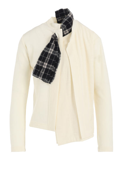 MILLED PLAID WOOL UNBALANCED RIBBON CARDIGAN