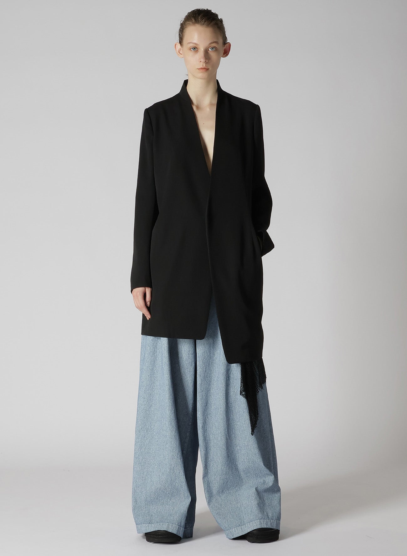 WOOL GABARDINE ASYMMETRIC LONG JACKET