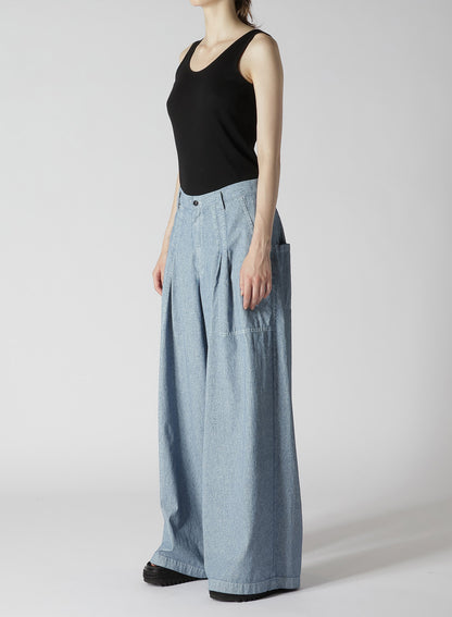 WHITE PIGMENT COATED DENIM PLEATED WIDE PANTS