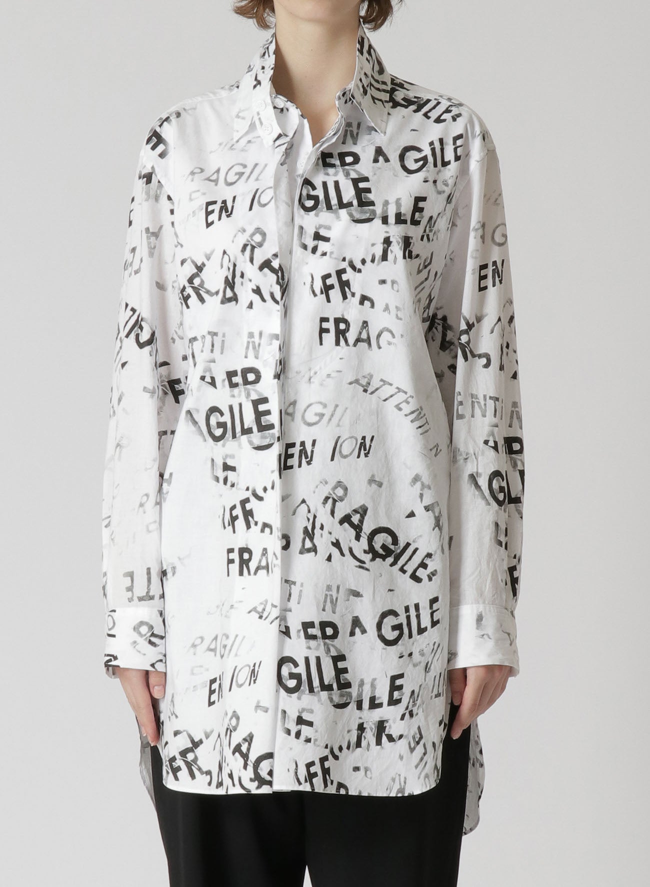 COTTON LAWN "FRAGILE" PIGMENT PRINT DOUBLE COLLAR SHIRT