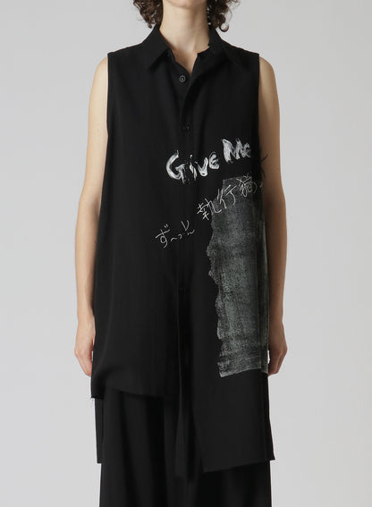 COTTON/LINEN GABARDINE PRINTED ASYMMETRIC SLEEVELESS BLOUSE