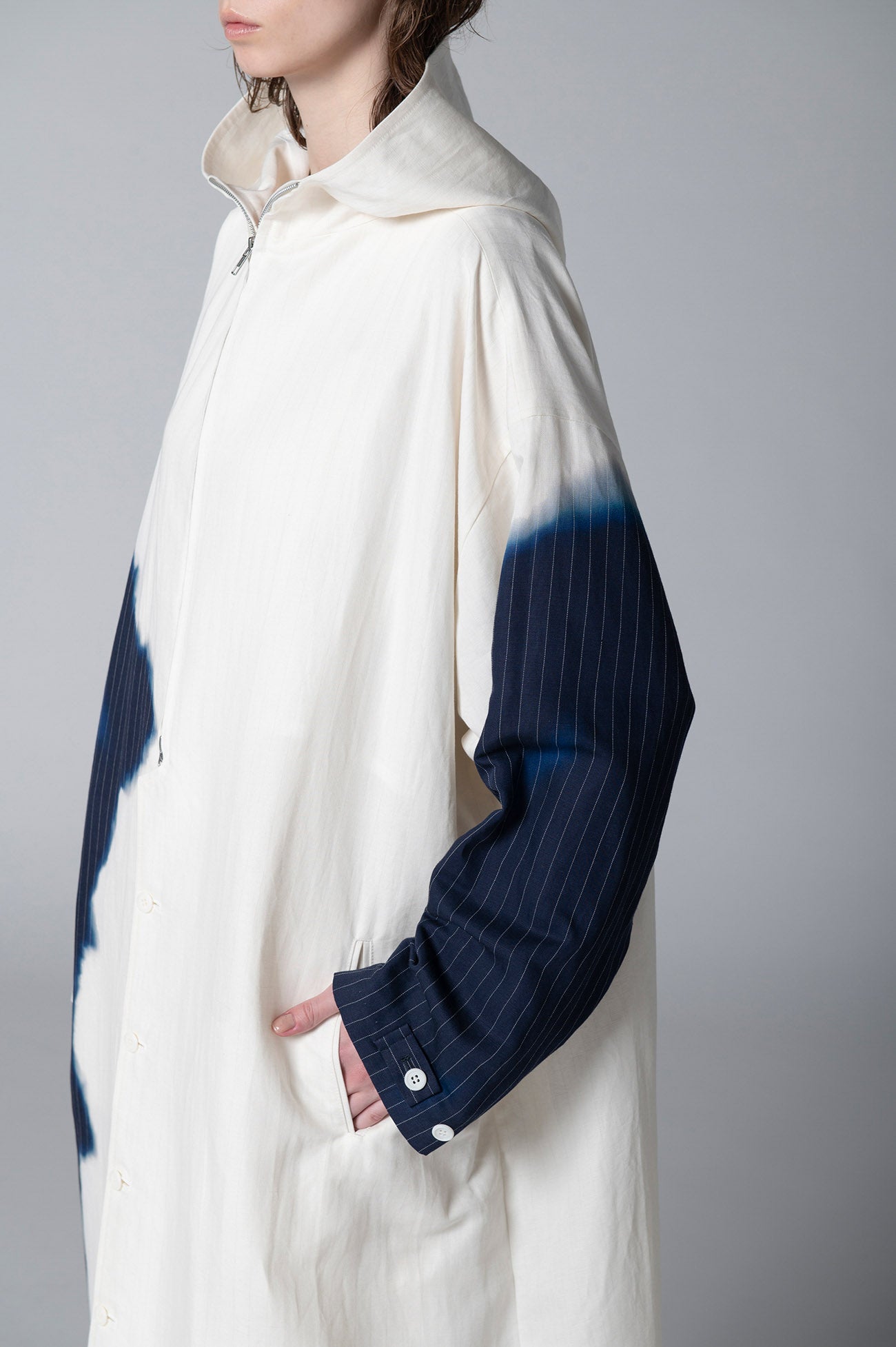 LINEN/COTTON HOODED COAT WITH PARTIAL PINSTRIPE PATTERN