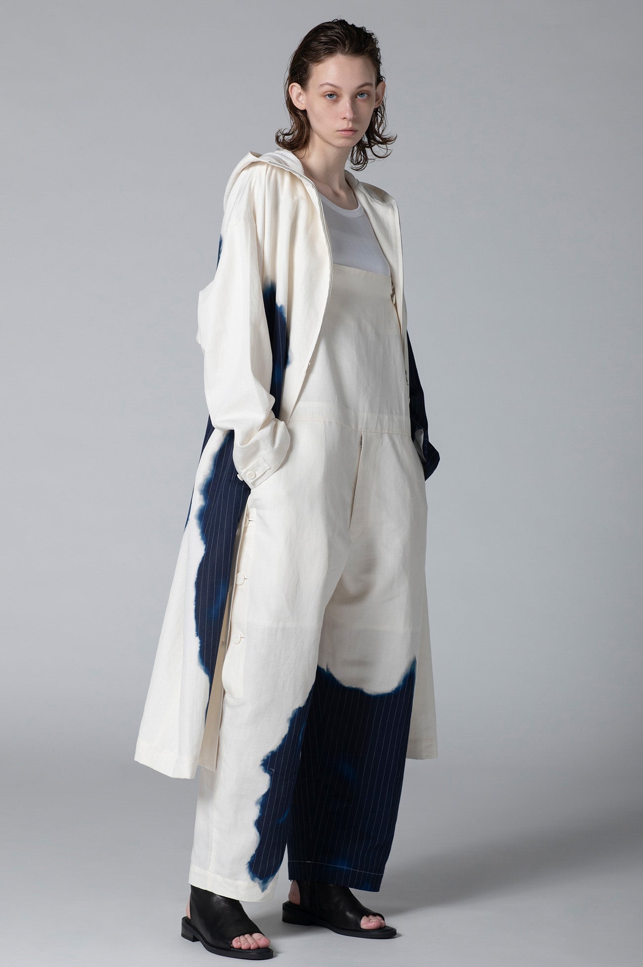 LINEN/COTTON HOODED COAT WITH PARTIAL PINSTRIPE PATTERN