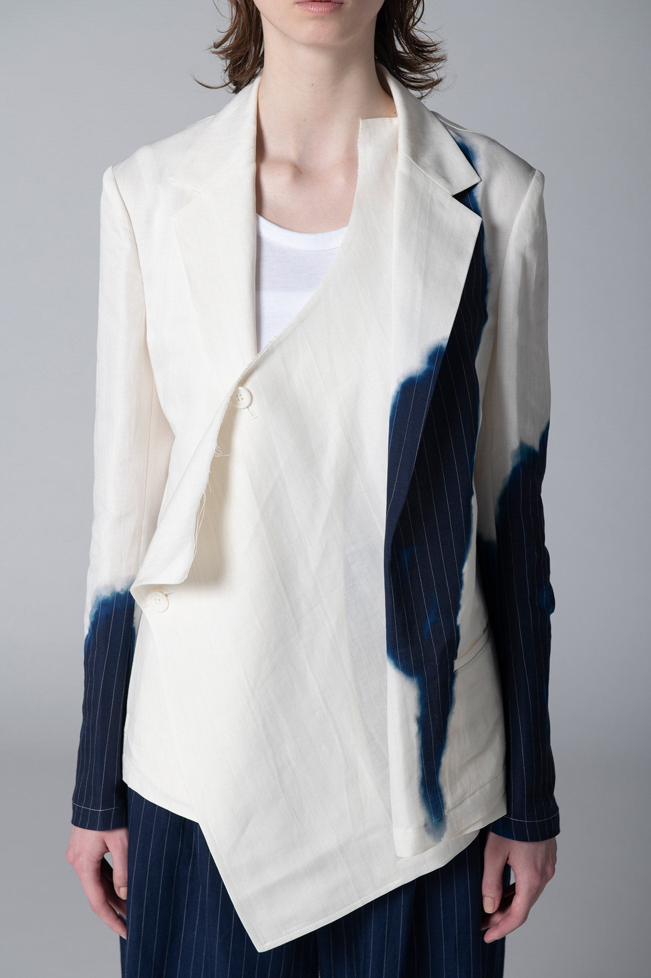 LINEN/COTTON ASYMMETRIC JACKET WITH PARTIAL PINSTRIPE PATTERN