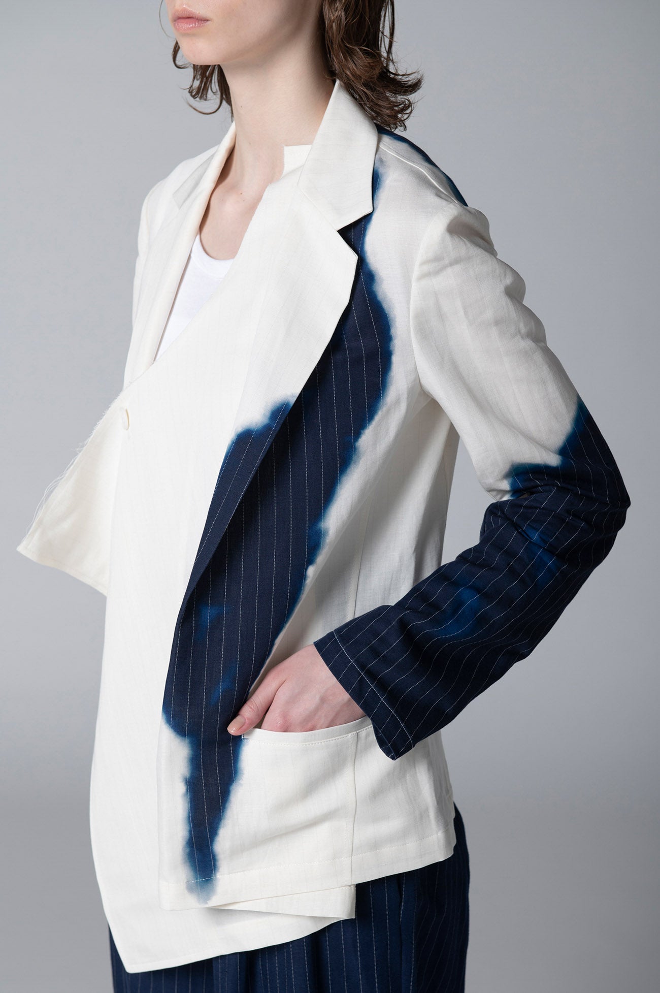 LINEN/COTTON ASYMMETRIC JACKET WITH PARTIAL PINSTRIPE PATTERN