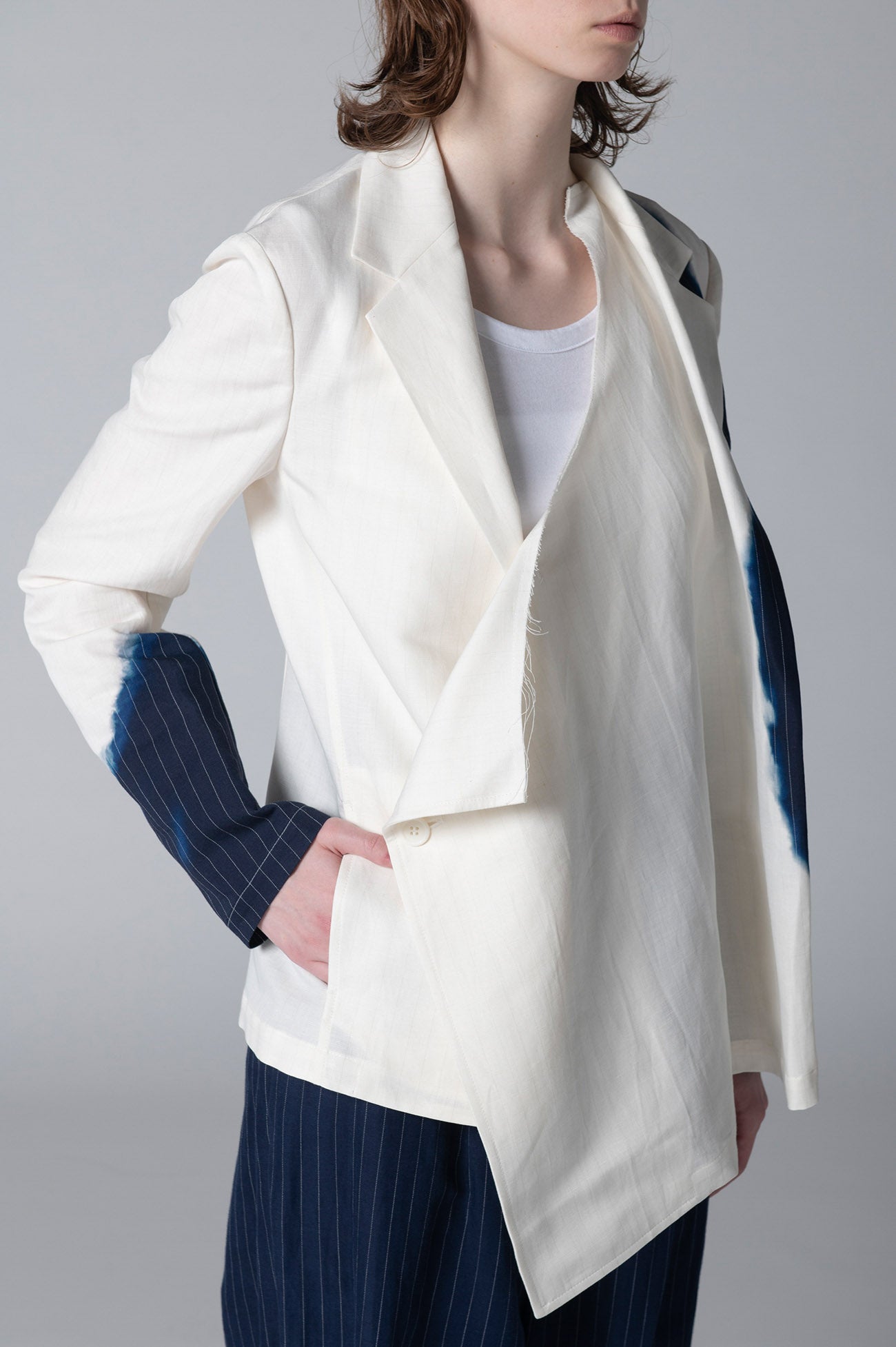 LINEN/COTTON ASYMMETRIC JACKET WITH PARTIAL PINSTRIPE PATTERN