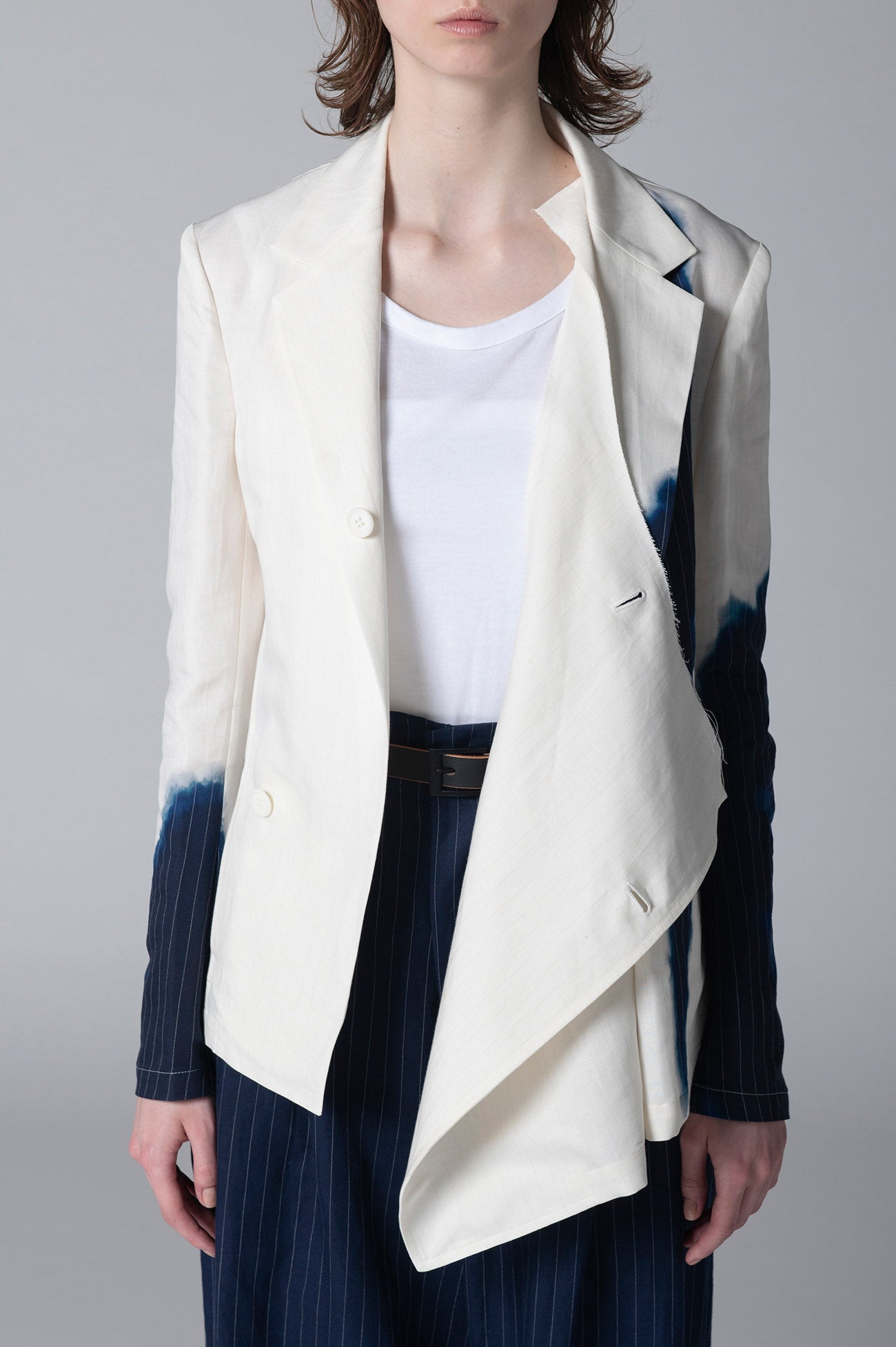 LINEN/COTTON ASYMMETRIC JACKET WITH PARTIAL PINSTRIPE PATTERN