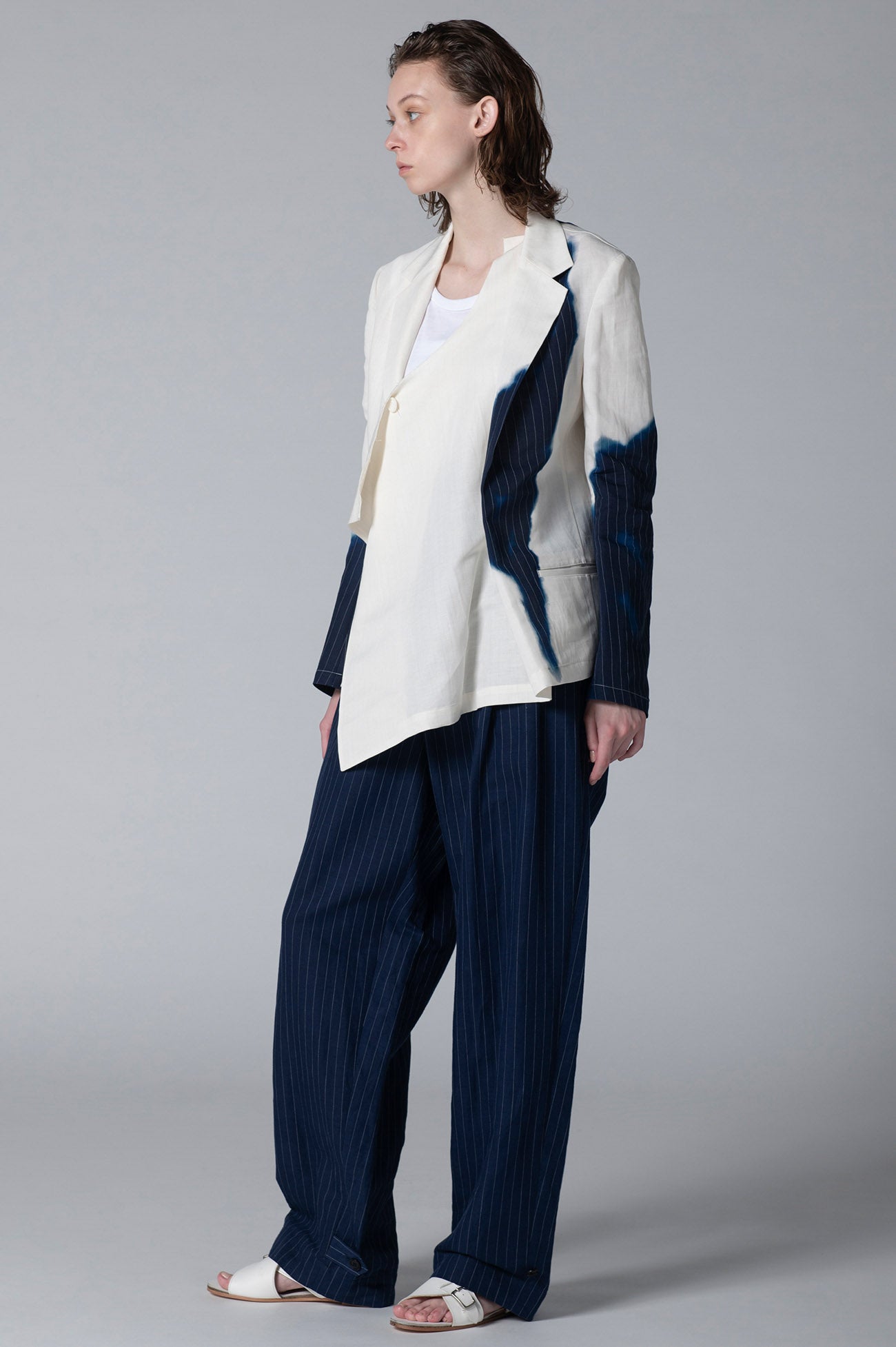 LINEN/COTTON ASYMMETRIC JACKET WITH PARTIAL PINSTRIPE PATTERN