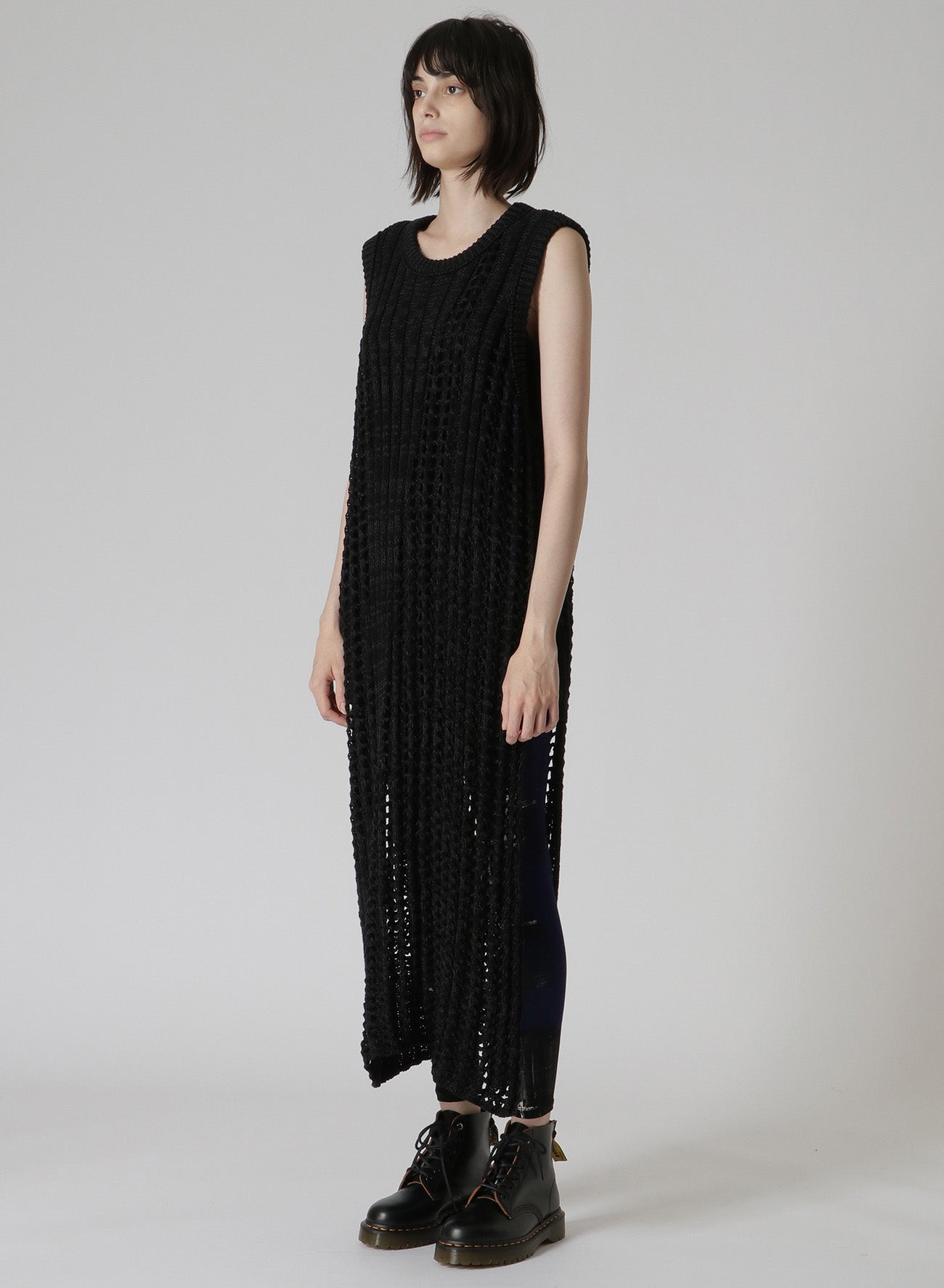 RIB STITCH/MESH SLEEVELESS DRESS