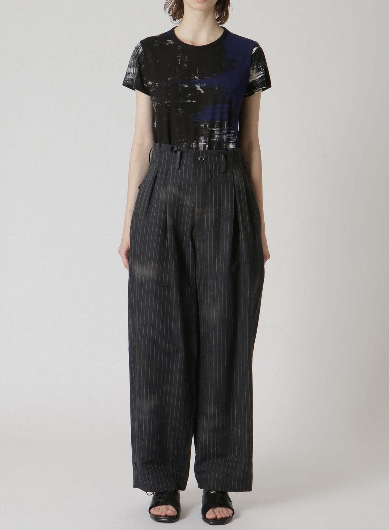 LINEN/COTTON PIN-STRIPE UNEVENLY DYED 2 PLEAT PANTS