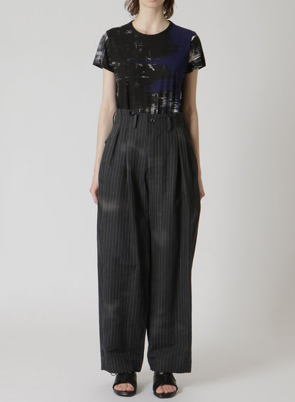 LINEN/COTTON PIN-STRIPE UNEVENLY DYED 2 PLEAT PANTS