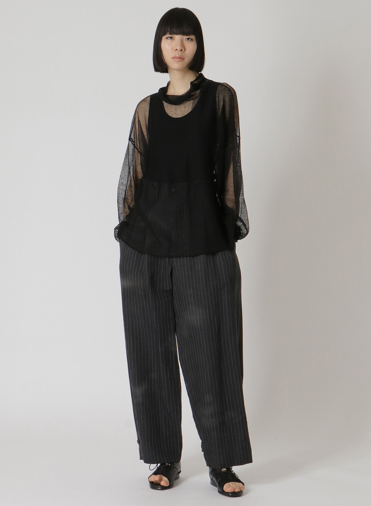 LINEN/COTTON PIN-STRIPE UNEVENLY DYED 2 PLEAT PANTS