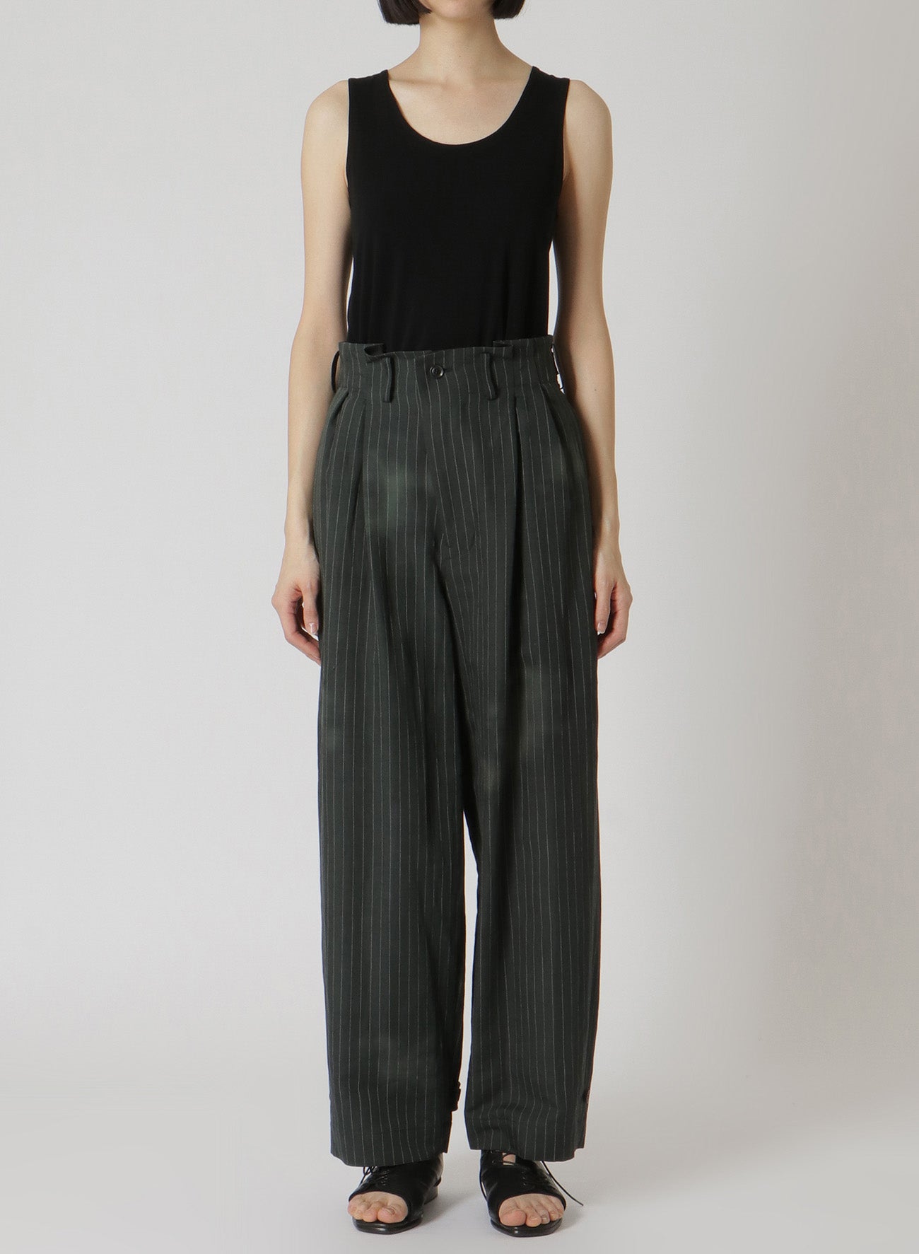 LINEN/COTTON PIN-STRIPE UNEVENLY DYED 2 PLEAT PANTS