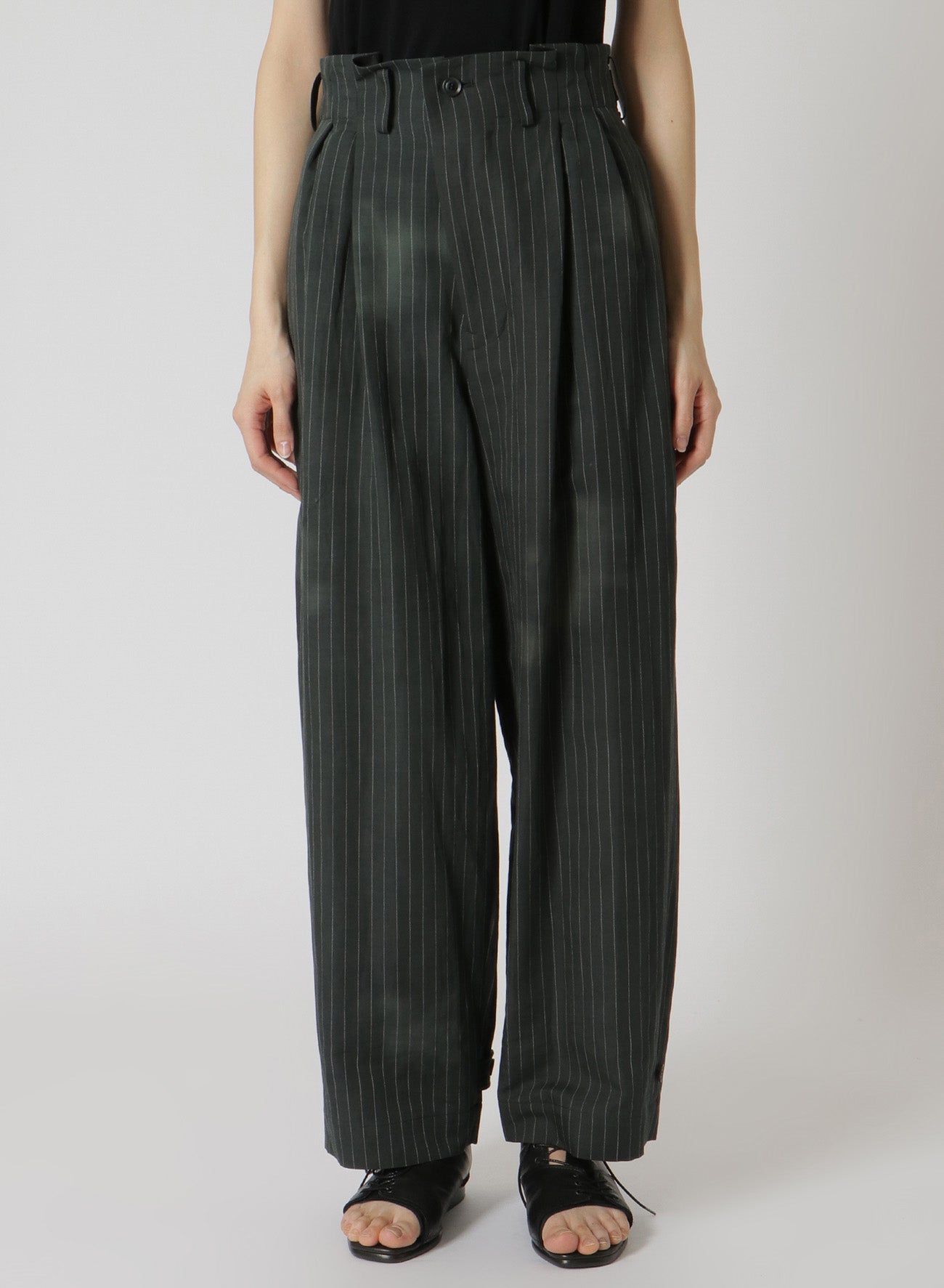 LINEN/COTTON PIN-STRIPE UNEVENLY DYED 2 PLEAT PANTS