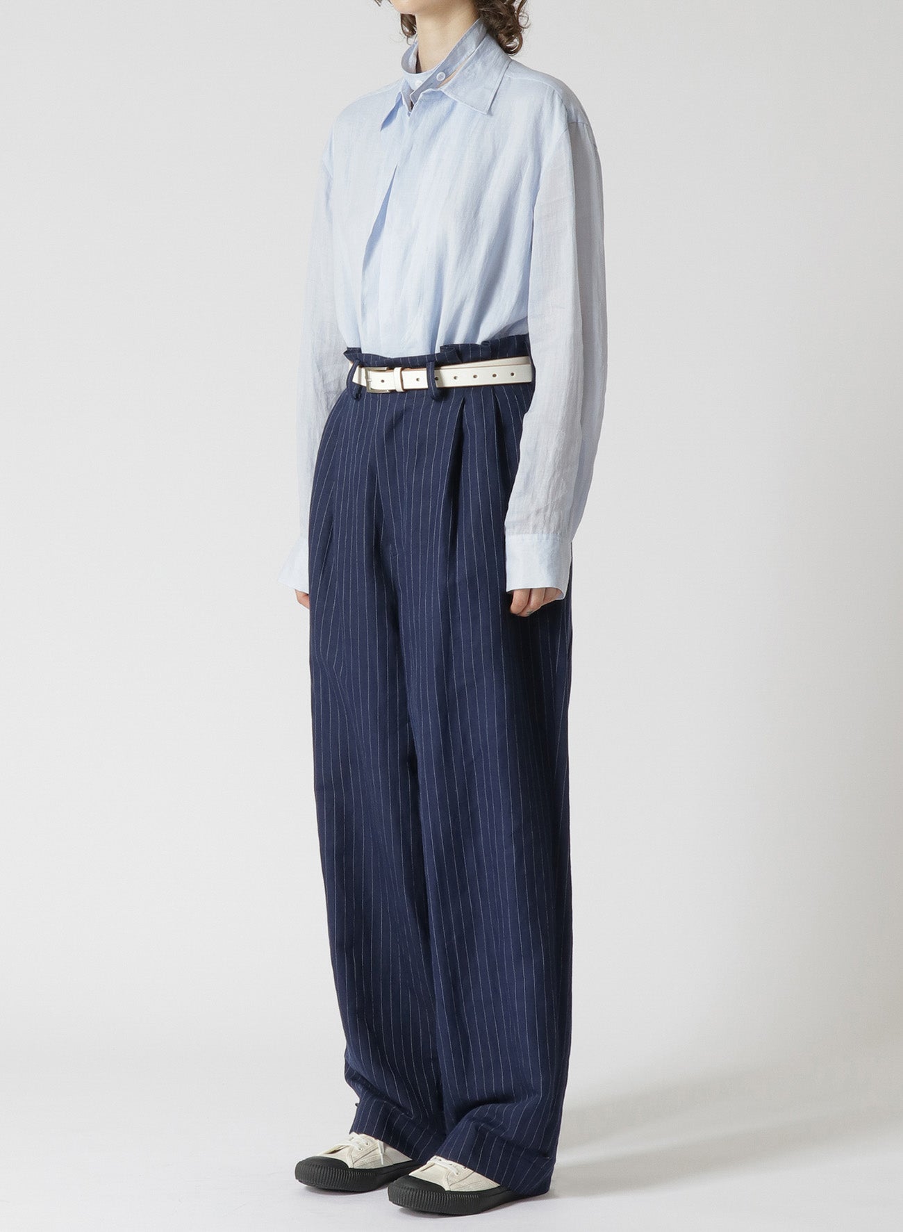 LINEN/COTTON PIN-STRIPE UNEVENLY DYED 2 PLEAT PANTS