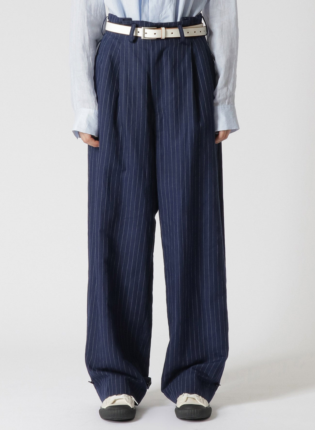 LINEN/COTTON PIN-STRIPE UNEVENLY DYED 2 PLEAT PANTS