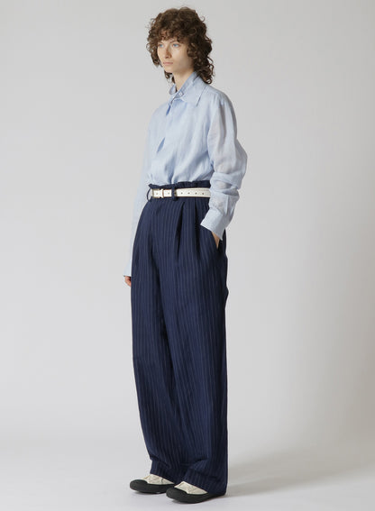 LINEN/COTTON PIN-STRIPE UNEVENLY DYED 2 PLEAT PANTS