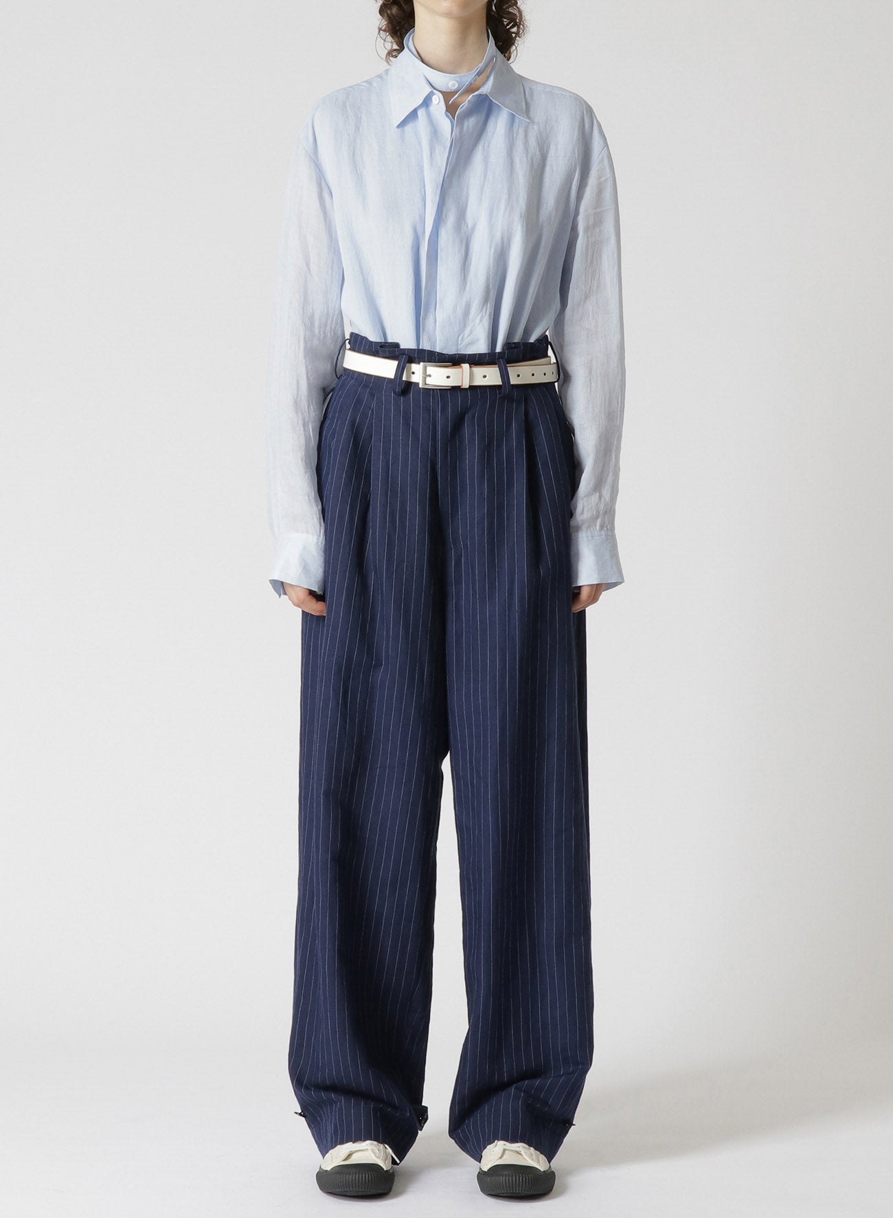 LINEN/COTTON PIN-STRIPE UNEVENLY DYED 2 PLEAT PANTS