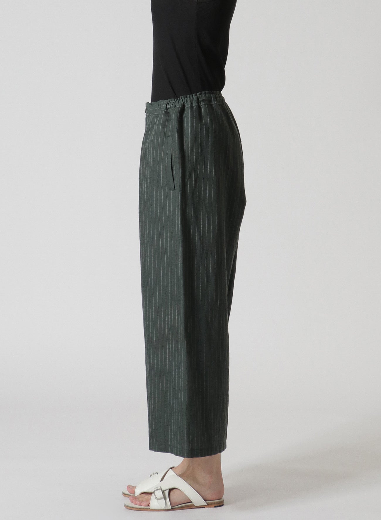 LINEN/COTTON PIN-STRIPED UNEVENLY DYED WIDE LEG PLEATED PANTS