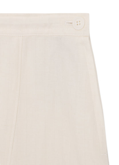 LINEN/COTTON ASYMMETRIC DRAWSTRING PANTS WITH PARTIAL PINSTRIPE PATTERN