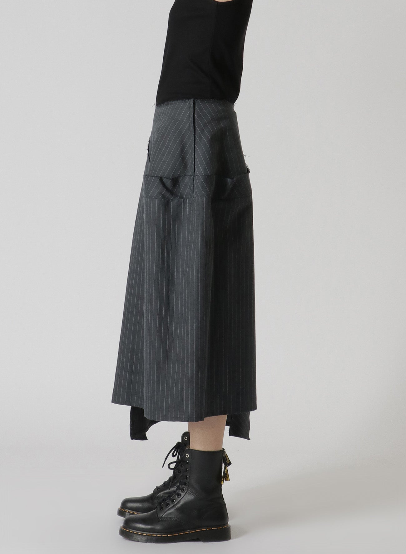 LINEN/COTTON PIN-STRIPED UNEVENLY DYED FLARED SKIRT